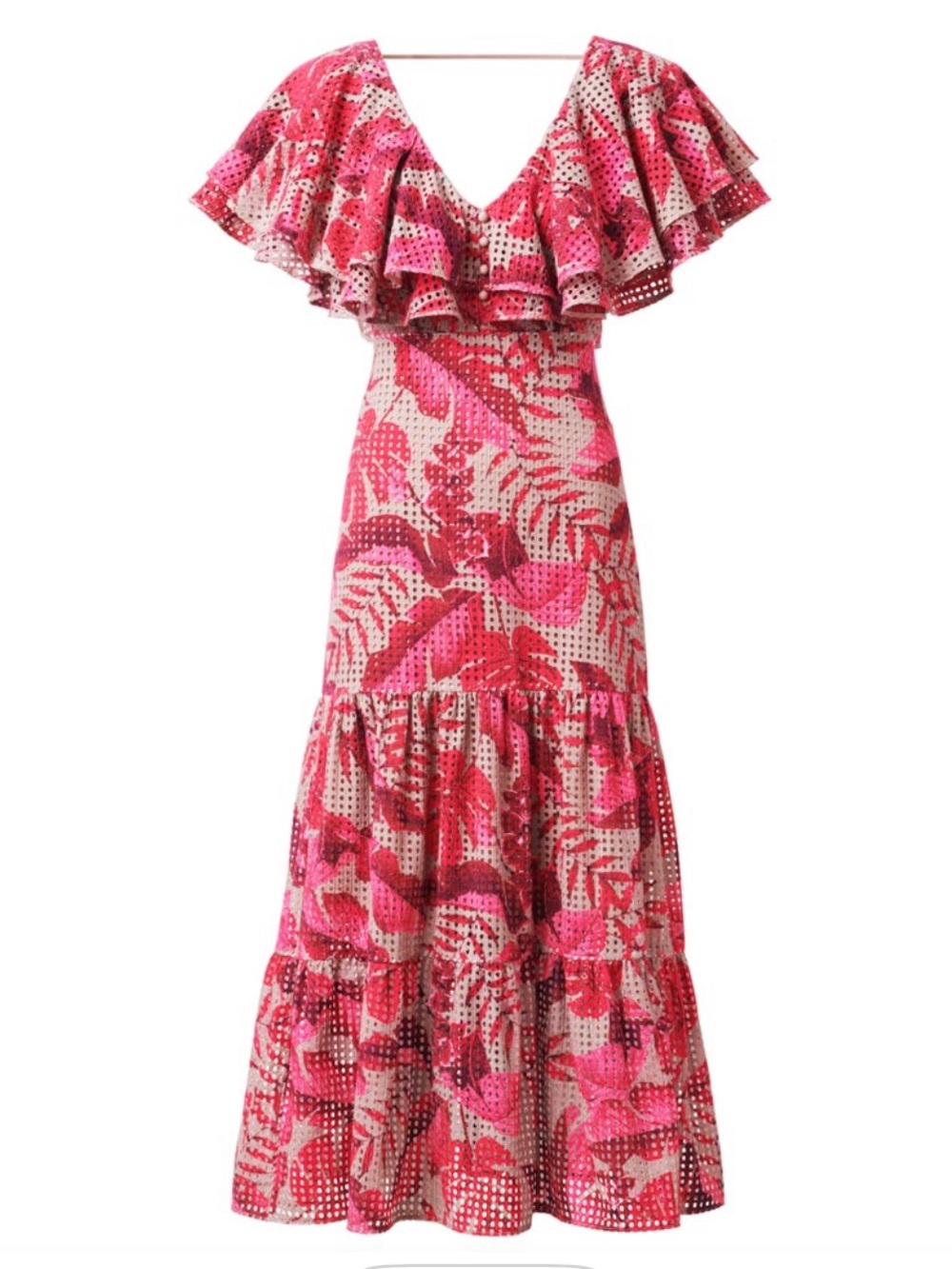 Johanna Ortiz X H&M Midi Dress Sz M Floral Eyelet Ruffle Pink Tropical Print